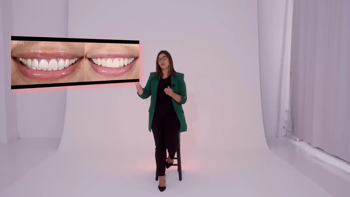 Dr. Andi-Jean Miro teaching revision dentistry in Details, beside an initial and final smile
