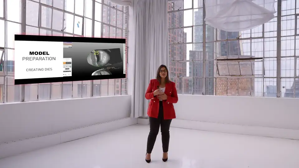 Dr. Andi-Jean Miro teaching a Details lesson in a New York loft, with a model preparation slide on screen