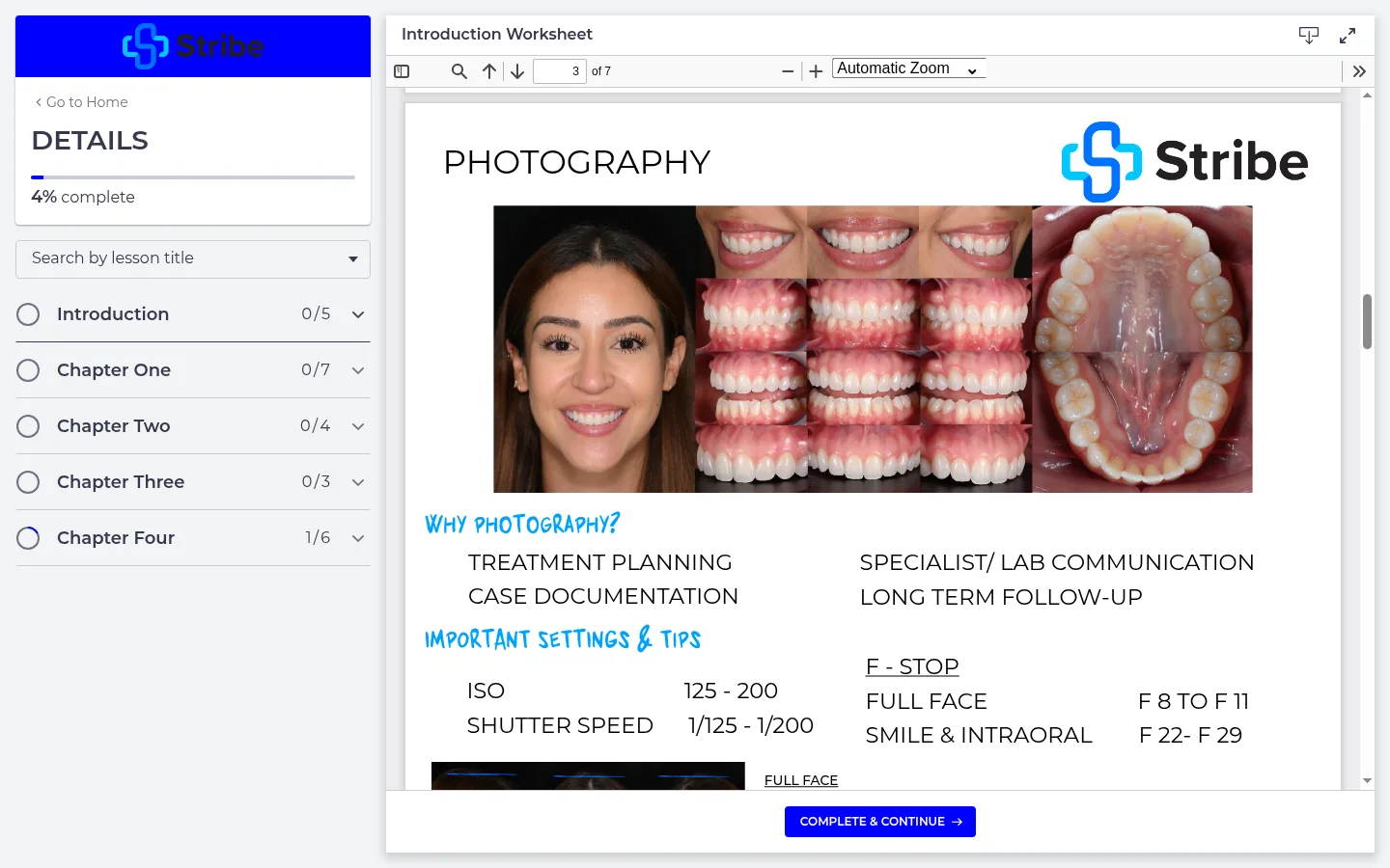 A Details PDF worksheet in the course platform: the photography page with settings and tips